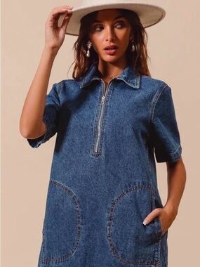 Blank NYC Dark Denim Mini Dress XS Cotton Zip Neck Casual Summer